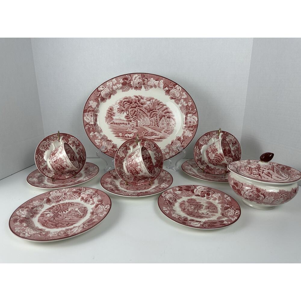 Wood & Sons English Scenery Pink Platter Sugar Bowl Tea Cups Lot Of 13